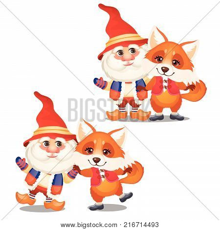 Set of funny smiling gnome and animated fox isolated on a white background. Sketch of Christmas festive poster, party invitation, other holiday card. Vector cartoon close-up illustration.