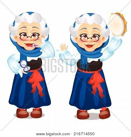 Animated old lady, lipstick, dances with a tambourine isolated on white background. Second wind. Sketch of festive poster, party invitation, holiday card. Vector cartoon close-up illustration.