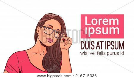Portrait Of Beautiful Woman Wearing Glasses Attractive Female With Long Hair Over White Background With Copy Space Vector Illustration