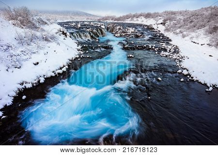 Bruarfoss waterfall in winter season Reykjavik Iceland
