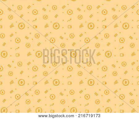 Cryptocurrency seamless pattern on yellow background. Vector illustration in outline style