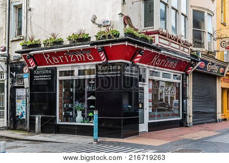 Cork, Ireland - November 12, 2017: Oliver Plunkett street in Cork. It is typical shopping street in the center of Cork