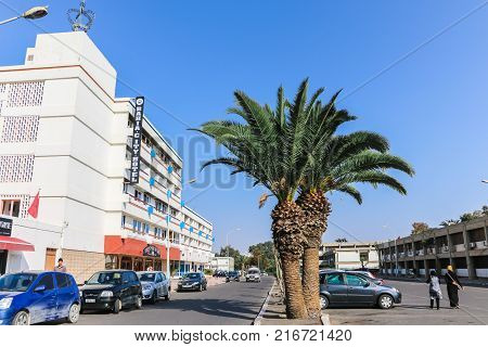 Street In A Summer Day In Agadir City. North Africa