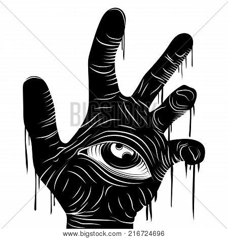 Hand and eye black vector line illustration