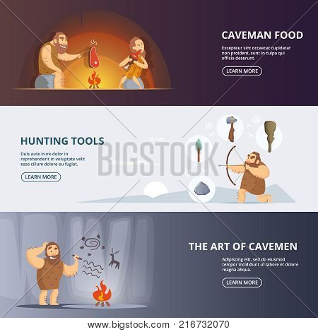 Caveman and woman in prehistoric period. Banners set with place for your text. Primitive woman and neanderthal with weapon, vector illustration