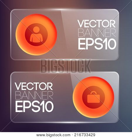 Web infographic glass horizontal banners with red round buttons and icons isolated vector illustration
