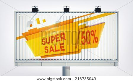 Big billboard sale banner with three lights, gigantic word super sale, fifteen percent and the yellow trapeze in the realistic style on the white background vector illustration