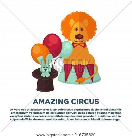 Circus show only tonight promotional poster with trained animals such as lion and rabbit, and clown in cone hat surrounded with balloons and balls cartoon flat vector illustration on blue background.