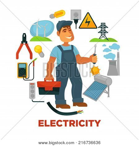 Electrician with toolkit surrounded with electricity sources and tools. Wind generators, bright bulbs, tall tower, plant pipes, solar battery, small voltmeter and power sockets vector illustrations.