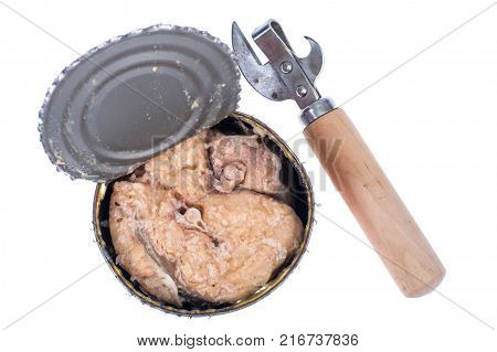 Open metal jar with canned fish. Studio Photo