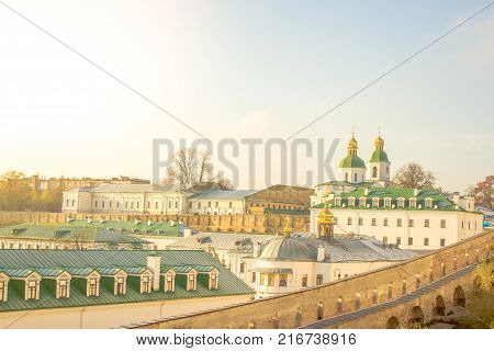 Panoramic view of the distant and near caves of Kiev Pechersk Lavra monastery in Kiev, Ukraine. Kiev-Pechersk Lavra. Color toning. Old photo style.