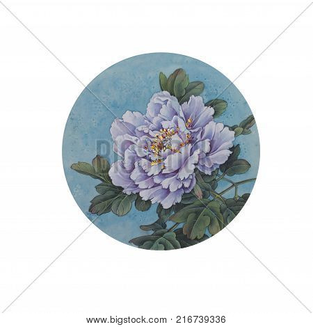 white peony in a circle on a blue background
