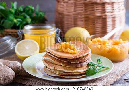 Pancakes with lemon and honey. Healthy breakfast