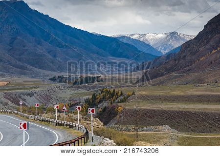 Federal highway Chuysky tract passing through the Altai Mountains. Russia, the Altai Republic