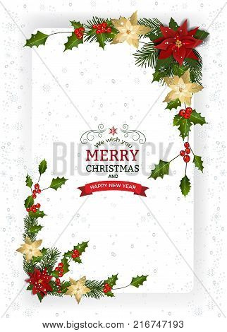 Christmas background with decoration and paper.Christmas frame with berry and Christmas Flower Pointsetta