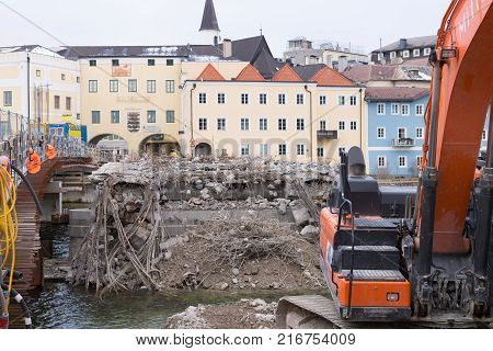 Gmunden, Austria July 21, 2017: Building Site Of The Bridge To Gmunden, Across The River Traun