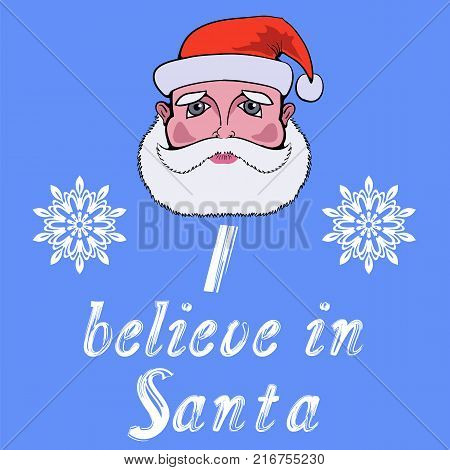 Santa Head Icon Typography Design on Blue Background. Vintage Winter Christmas Poster, Banner, Logo or Label with Lettering
