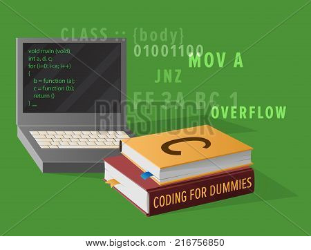 Portable computer and thick textbooks for Informatics studies isolated vector illustration. Open laptop with program code on screen.