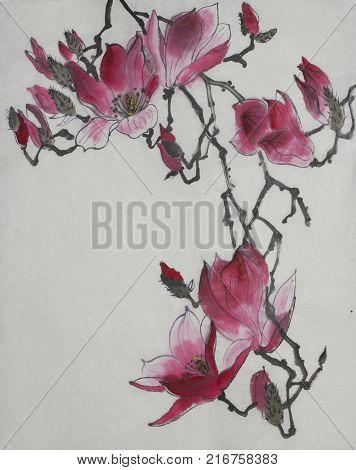 Bright branch of blossoming magnolia painted in Chinese style
