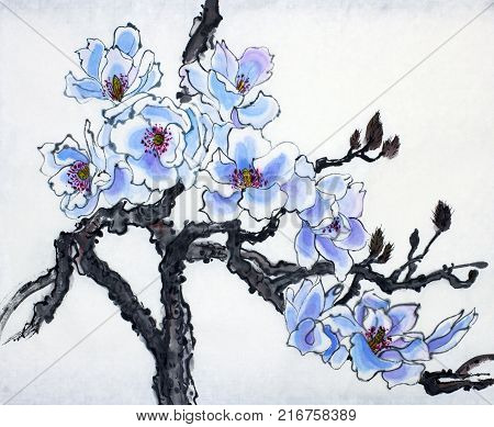 Bright branch of blossoming magnolia painted in Chinese style