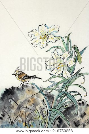 White lily and a bird painted in Chinese style