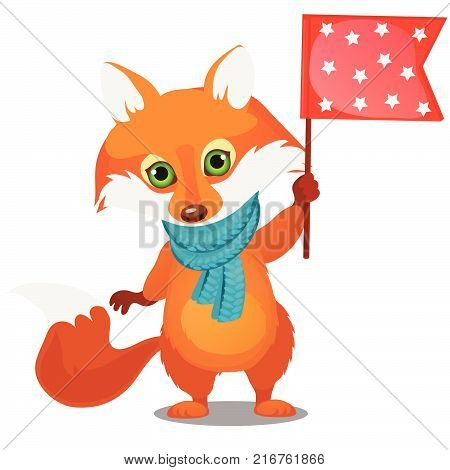 Cute animated fox in winter knitted scarf holding a flag isolated on a white background. Sketch of Christmas festive poster, party invitation, other holiday card. Vector cartoon close-up illustration.