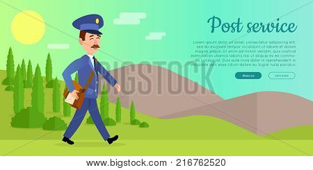Post service cartoon web banner. Postman in uniform walking with bag full of letters on sunny mountain background flat vector illustration. Horizontal concept for mail or deliver company landing page