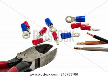 Terminal lug and hand clamping tool with white background