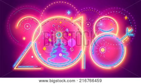 Colorful New Year line numera.  illustration of colorful neon 2018 New Year numerals on purple background.