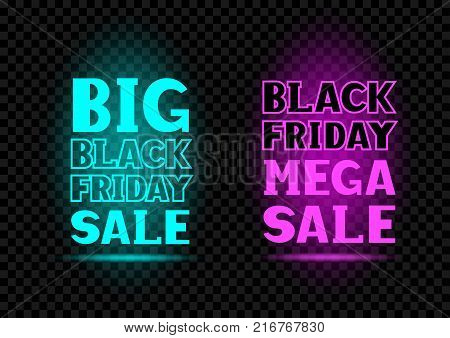 Blue and pink big friday sale neon message label set on transparent dark black background. Business communication dialog or quote template collection sign.
