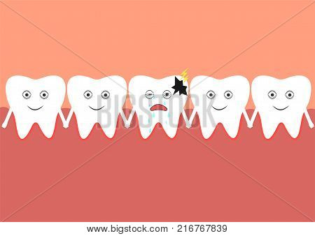 A number of teeth in the oral cavity, one of which is sick. Medium degree of caries.