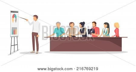 Business conference, workers listen to boss presents new plan and diagrams on whiteboard at businesstraining, vector illustration isolated on white