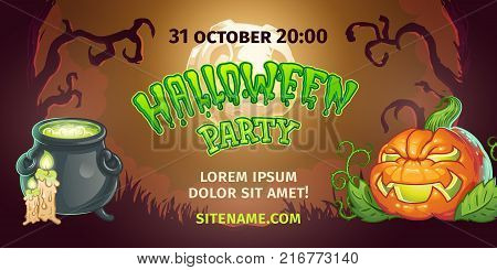 Happy Halloween banner poster, spooky cartoon background with smiling orange pumpkin jack o lantern, burning candle and witch pot with magical potion vector illustration. Invitation to Halloween party