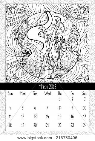 Skiing at Christmas time, calendar murch 2018. Winter sports on holidays, skiing on snowy slopes scene. Doodle coloring book pages. Vector contour monochrome illustration