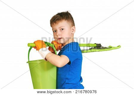 boy holding a bucket and MOP isolated on white background . The concept of purity and cleaning the house