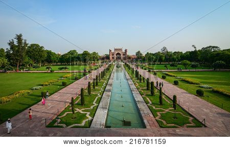 Agra India - Jul 13 2015. Garden of the Taj Mahal in Agra India. The Taj Mahal complex is believed to have been completed in its entirety in 1653.
