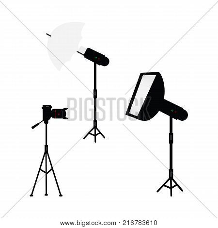 vector flat cartoon professional studio photo light equipment set. Lens dslr photo camera standing at special tripod stand, softbox, flash with umbrella. Isolated illustration on a white background.