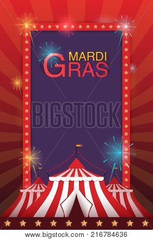 Vector Template For Holiday With A Tent And Fireworks. Carnival And Fun.