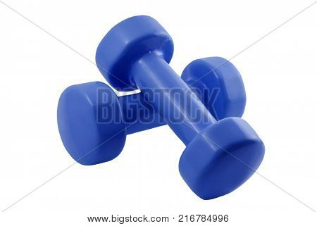 pair of light blue dumbbells for fitness isolated