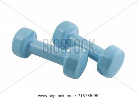 pair of light blue dumbbells for fitness isolated