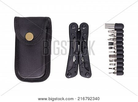 Set of black multitool set of bits for it and cover on white background. Multitool is a universal tool for various kinds of work which is always at hand