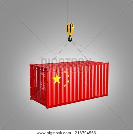 Cargo Shipping Container With The Chinese Flag Сoncept Of Delivery From China On Grey Graduent Backg