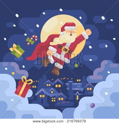 Santa Claus flying over a mountain village in a superhero cape on a snowy winter night. Christmas character greeting card flat illustration