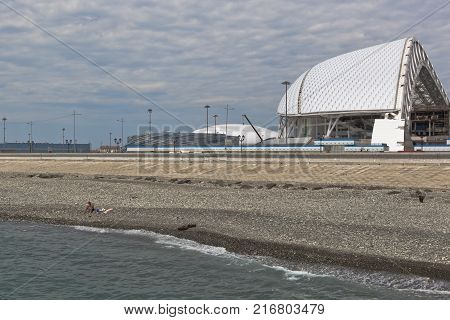 Adler, Krasnodar region, Russia - July 8, 2016: Beach at Nizhneimertinskaya Bay next to the Olympic Park, Sochi