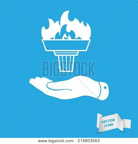 flat hand represents white torch with flame icon - vector illustration