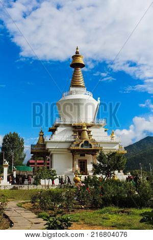 Thimphu, Bhutan - September 17, 2016: Tourists At The National Memorial Stupa, Thimphu, Bhutan.