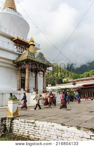 Thimphu, Bhutan - September 17, 2016: Tourists At The National Memorial Stupa, Thimphu, Bhutan.