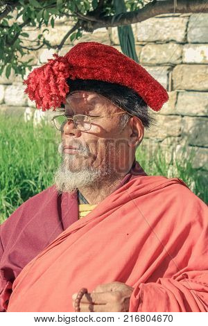 Thimphu, Bhutan - September 17, 2016: Bhutanese Old Woman Near The National Memorial Stupa, Thimphu,