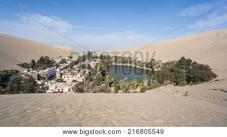 Huacachina Peru - August 2017: Oasis of Huacachina and the desert in Ica region Peru.