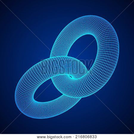 Wireframe polygonal element. 3D Torus chain with lines and dots abstract vector background